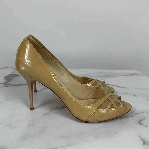Jimmy Choo Maven Beige Tan Patent Mesh Crisscross Peep Toe Pumps 39.5 - Picture 5 of 13